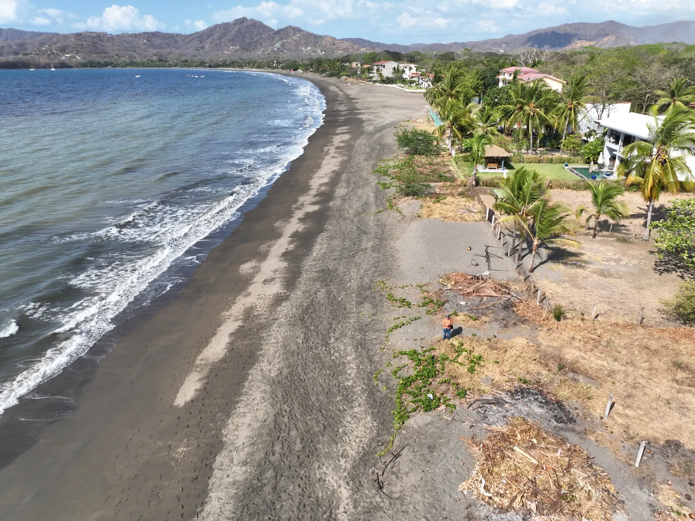 Aerial view of the dark-sand beach at Playa Panamá, with trees behind