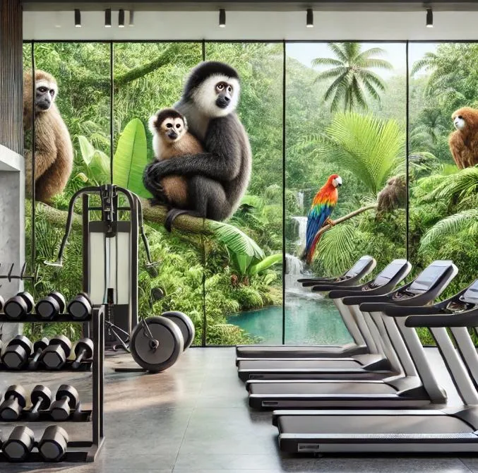 Fitness center with cardio and weight equipment overlooking tropical gardens at Serena