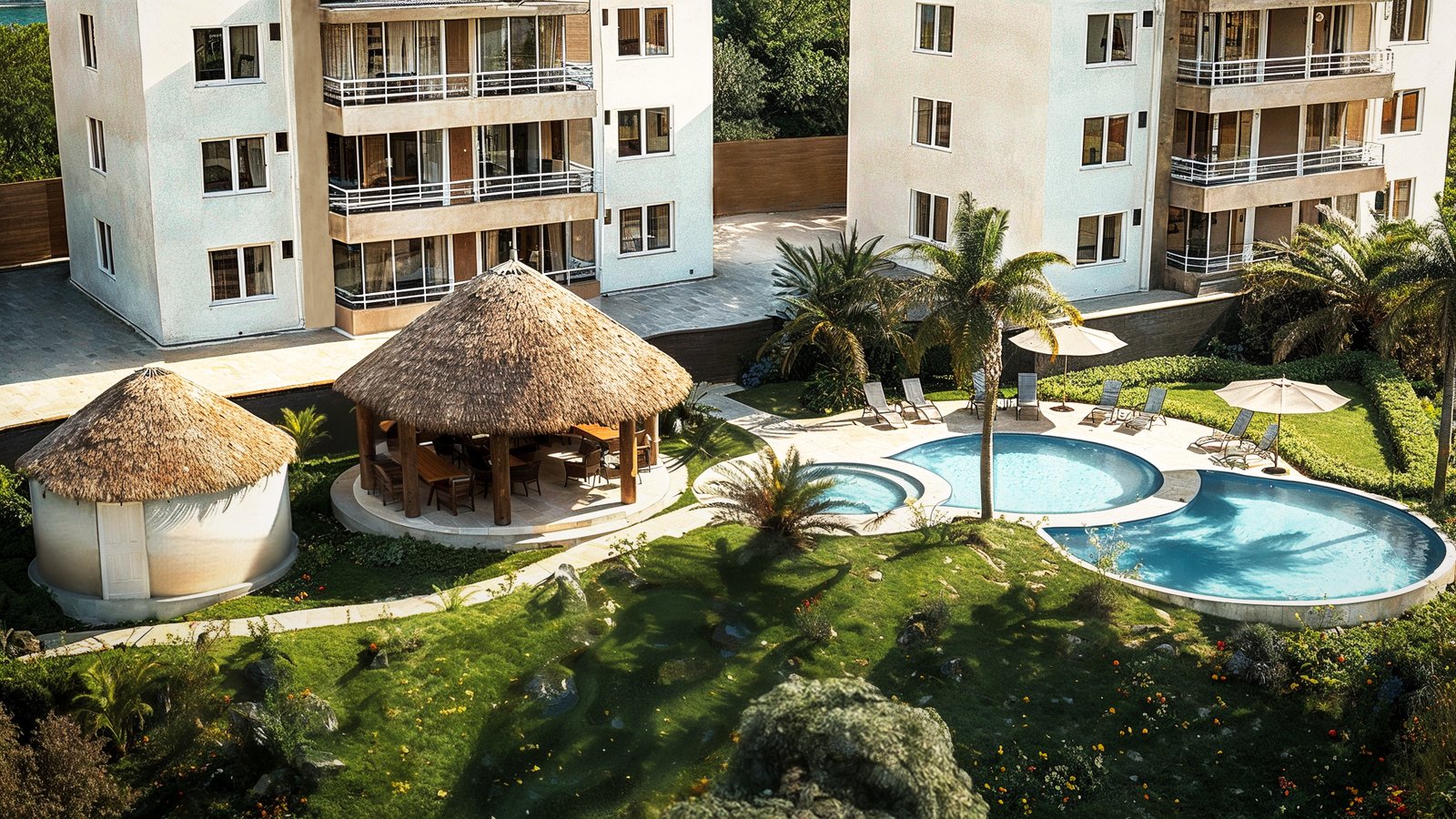 Architectural rendering of Serena Condos three-story residential buildings, tropical gardens, and swimming pools in Playas del Coco, Guanacaste